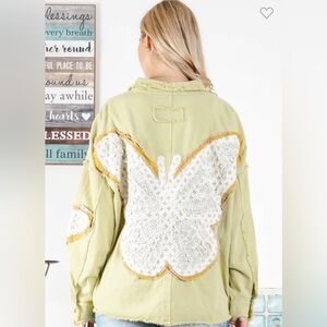 In 🔜 Blue Velvet Butterfly Appliqué Patchwork Button-Up Shirt Shacket L